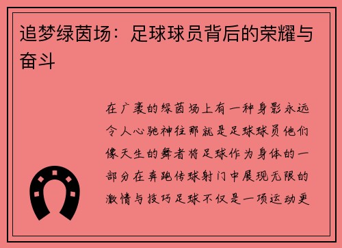 追梦绿茵场：足球球员背后的荣耀与奋斗