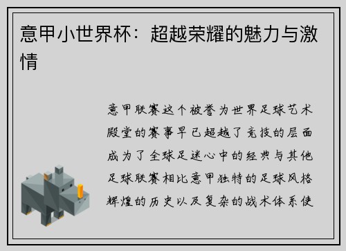意甲小世界杯：超越荣耀的魅力与激情