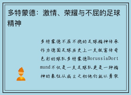 多特蒙德：激情、荣耀与不屈的足球精神