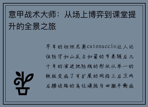 意甲战术大师：从场上博弈到课堂提升的全景之旅