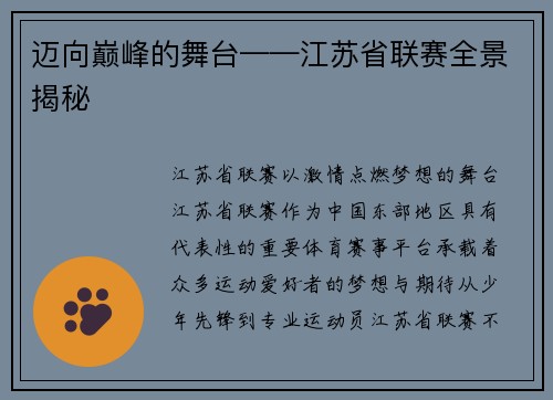 迈向巅峰的舞台——江苏省联赛全景揭秘